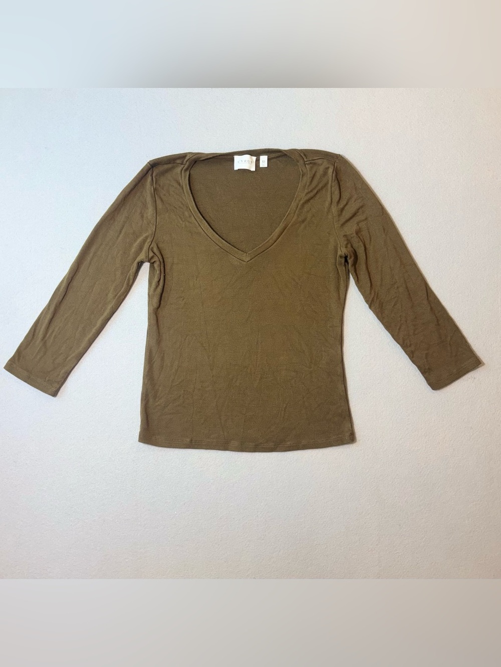 Cyrus Essentials Beige Rayon Spandex V-Neck Top XS